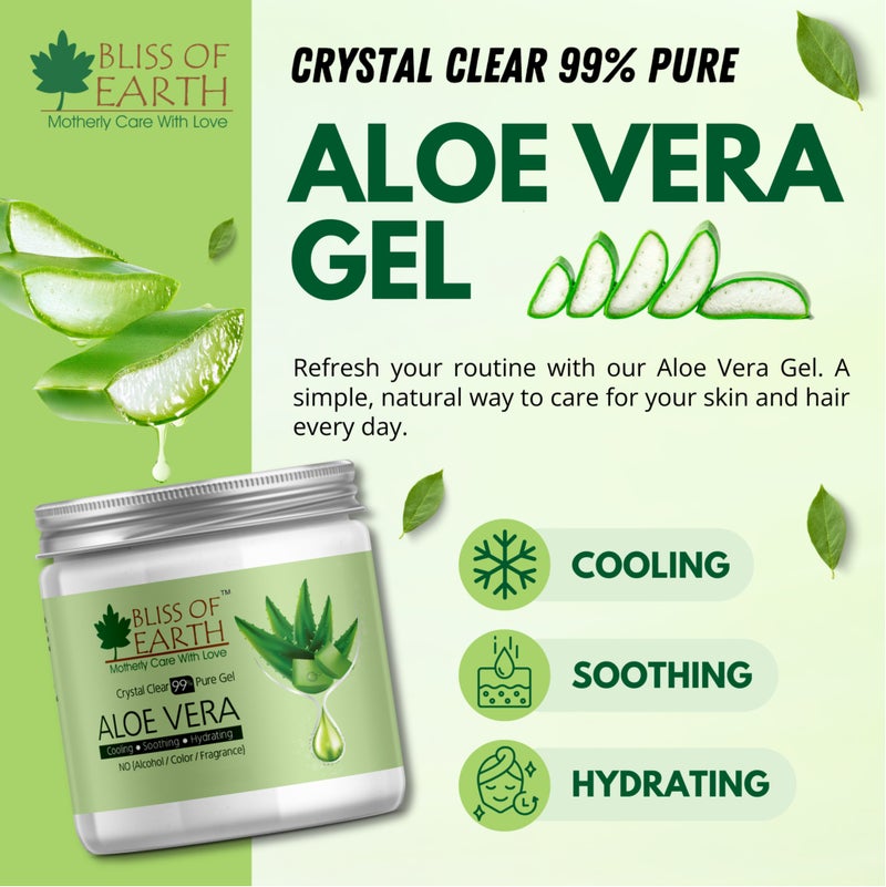 BLISS OF EARTH 99% Pure Aloe Vera Gel For Hair & Face, Crystal Clear Aloe Gel, 200g - Image 2